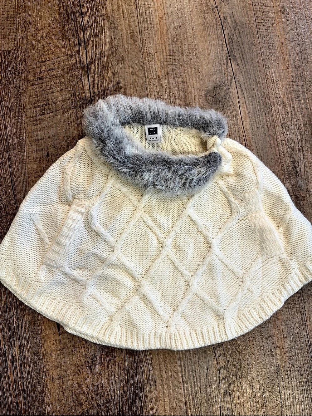 Janie & Jack Baby Cream Gray Knit Fur Collar Poncho Size 6-12m